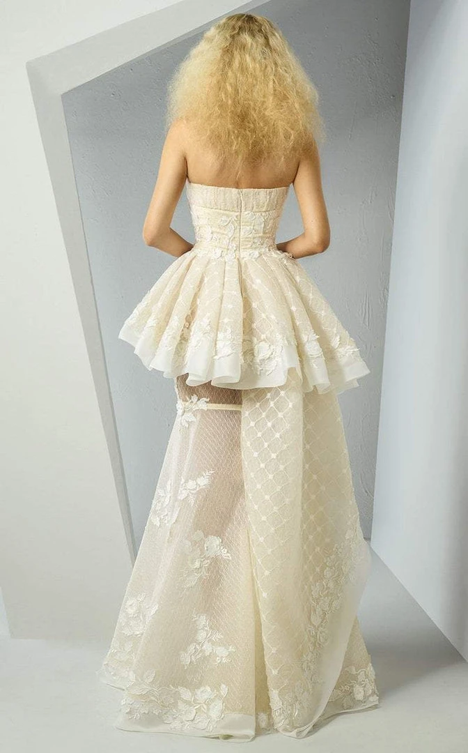 MNM Couture - G0882 Strapless Rosette Applique Peplum Long Gown 4 MNM Couture - G0882 Strapless Rosette Applique Peplum Long Gown