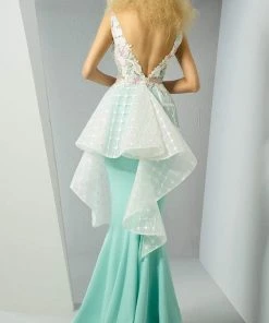 MNM Couture - G0885 Plunging Appliqued Cascading Peplum Gown Formal Gowns