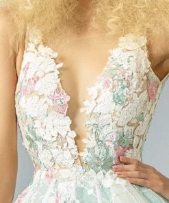 MNM Couture - G0885 Plunging Appliqued Cascading Peplum Gown Formal Gowns