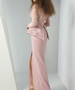 Formal Gowns MNM Couture - G0886 Long Sleeve Plunging V-Neck Split Peplum Lace Gown 6 Formal Gowns MNM Couture - G0886 Long Sleeve Plunging V-Neck Split Peplum Lace Gown