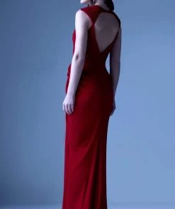 MNM Couture - G0919 Illusion V Neckline Draped Pleated Evening Dress Formal Gowns