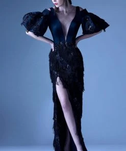 Formal Gowns MNM Couture - G0937 Sheer Fringed Evening Gown With Slit