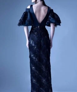 Formal Gowns MNM Couture - G0937 Sheer Fringed Evening Gown With Slit