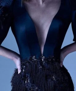 Formal Gowns MNM Couture - G0937 Sheer Fringed Evening Gown With Slit