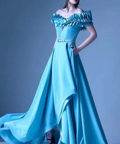 Formal Gowns MNM Couture - G0962 Pleated Off-Shoulder A-Line Evening Gown