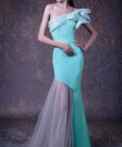 MNM COUTURE - G1010 Ruffled Asymmetric Trumpet Dress