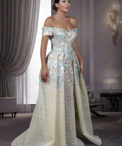MNM Couture - K3533 Off Shoulder Floral Pleated Ballgown Formal Gowns