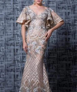 MNM Couture - K3565 Butterfly Sleeves V-neck Embellished Gown Formal Gowns