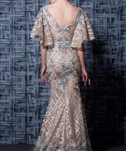 MNM Couture - K3565 Butterfly Sleeves V-neck Embellished Gown Formal Gowns