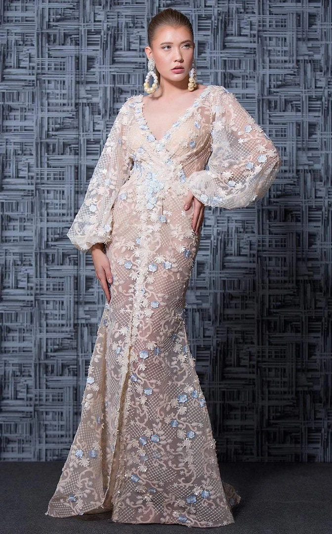 Formal Gowns MNM Couture - K3580 Bishop Sleeves Deep V-neck Sheath Gown 3 Formal Gowns MNM Couture - K3580 Bishop Sleeves Deep V-neck Sheath Gown