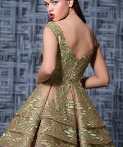 MNM Couture - K3582 Embroidered Wide V-neck Tiered A-line Dress