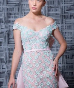 MNM Couture - K3585 Floral Applique Sheath Dress With Bow Accent