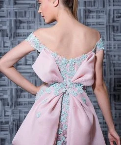 MNM Couture - K3585 Floral Applique Sheath Dress With Bow Accent