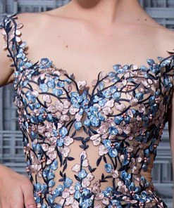 MNM Couture - K3595 Floral Off-Shoulder Illusion Evening Gown