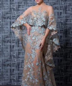 MNM Couture - K3598 Embroidered Caped Illusion Evening Gown Formal Gowns