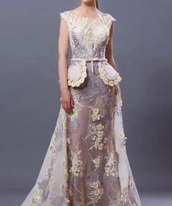 Formal Gowns MNM COUTURE - K3650 Floral Embroidered Bateau Dress With Overskirt