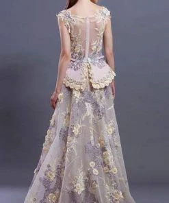 Formal Gowns MNM COUTURE - K3650 Floral Embroidered Bateau Dress With Overskirt