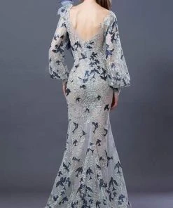 Formal Gowns MNM COUTURE - K3653 Embroidered Asymmetric Neck Trumpet Dress