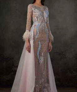 MNM COUTURE - K3668 Embroidered Long Sleeve Bateau Trumpet Dress Formal Gowns