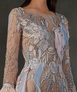 MNM COUTURE - K3668 Embroidered Long Sleeve Bateau Trumpet Dress Formal Gowns