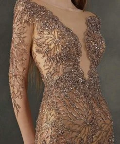 MNM COUTURE - K3720 Embellished Long Sleeve Sheath Dress Formal Gowns