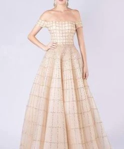 MNM COUTURE - M0057 Lattice Beaded Off Shoulder Gown Formal Gowns