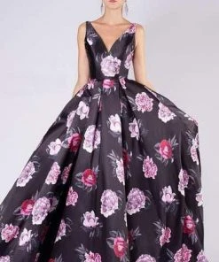 MNM COUTURE - M0063 Plunging Blossom Printed High Slit Gown