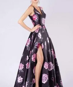 MNM COUTURE - M0063 Plunging Blossom Printed High Slit Gown