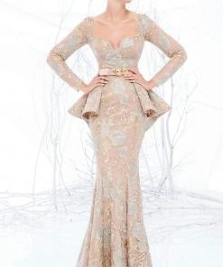 Formal Gowns MNM Couture - N0211 Long Sleeve Floral Appliqued Sheath Gown