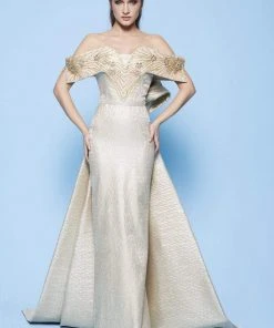 MNM Couture - N0229 Floral Beaded Off-Shoulder Column Dress