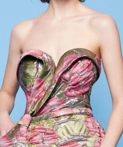 Prom Dresses MNM Couture - N0231 Folded Strapless Sweetheart Metallic Floral Gown