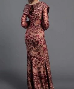 Formal Gowns MNM COUTURE - Sequined Long Sleeve V-neck Trumpet Dress 2417 - 1 Pc Burgundy In Size 6 Available