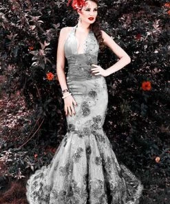 MNM COUTURE - Sleeveless Lace Floral Halter Mermaid Gown KH067 - 1 Pc Purple In Size 20; 1 Pc Silver In Size 22 Available