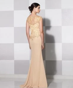 Mon Cheri - 115600 Beaded Illusion Cap Sleeves Mother Of The Bride Dress - 1 Pc. Dark Champagne In Size 6 Available Formal Gowns