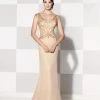 Mon Cheri - 115600 Beaded Illusion Cap Sleeves Mother Of The Bride Dress - 1 Pc. Dark Champagne In Size 6 Available Formal Gowns