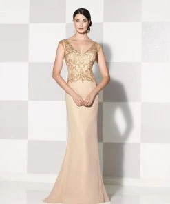 Mon Cheri - 115600 Beaded Illusion Cap Sleeves Mother Of The Bride Dress - 1 Pc. Dark Champagne In Size 6 Available Formal Gowns
