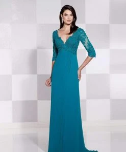 Mon Cheri - 115617 Quarter Sleeve Lace Empire Dress Formal Gowns