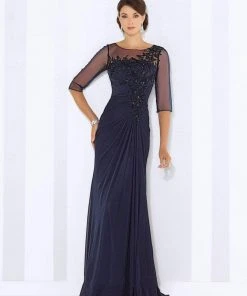 Mon Cheri - 116663 Quarter Length Sleeve Bateau Sheath Dress - 1 Pc. Champagne In Size 4 Available Formal Gowns