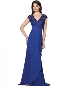 Mon Cheri -214690 V-Neck Cap Sleeve Lace Ruched Dress - 1 Pc. Dark Purple In Size 6 Available