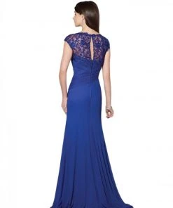 Mon Cheri -214690 V-Neck Cap Sleeve Lace Ruched Dress - 1 Pc. Dark Purple In Size 6 Available