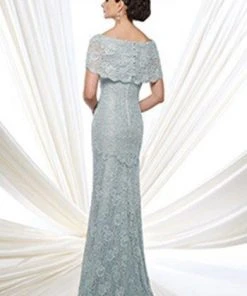 Formal Gowns Mon Cheri - 215D03 Bateau Scalloped Lace Applique Evening Gown - 1 Pc Blue Willow In Size 8 Available