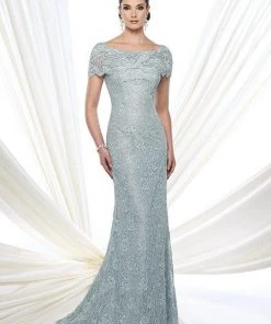 Formal Gowns Mon Cheri - 215D03 Bateau Scalloped Lace Applique Evening Gown - 1 Pc Blue Willow In Size 8 Available