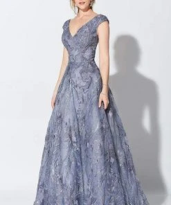 Mon Cheri - Deep V-Neck Embroidered Tulle Ballgown 119D50 - 1 Pc Delphinium In Size 10 Available
