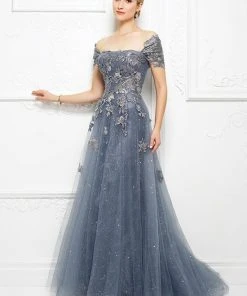 Mon Cheri - Embroidered Floral Lace Gown With Detachable Strap Wrap 217D88 - 1 Pc Wedgewood In Size 10 Available Formal Gowns