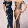 Mon Cheri - Jewel Ornate Ruched Off-shoulder Gown 24942P - 1 Pc Navy Print In Size 4P Available Formal Gowns