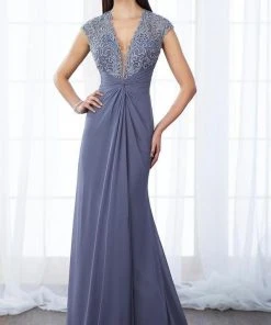 Mon Cheri - Laced Deep V-Neck Sheath Dress 217648 Formal Gowns