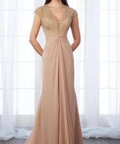Mon Cheri - Laced Deep V-Neck Sheath Dress 217648 Formal Gowns