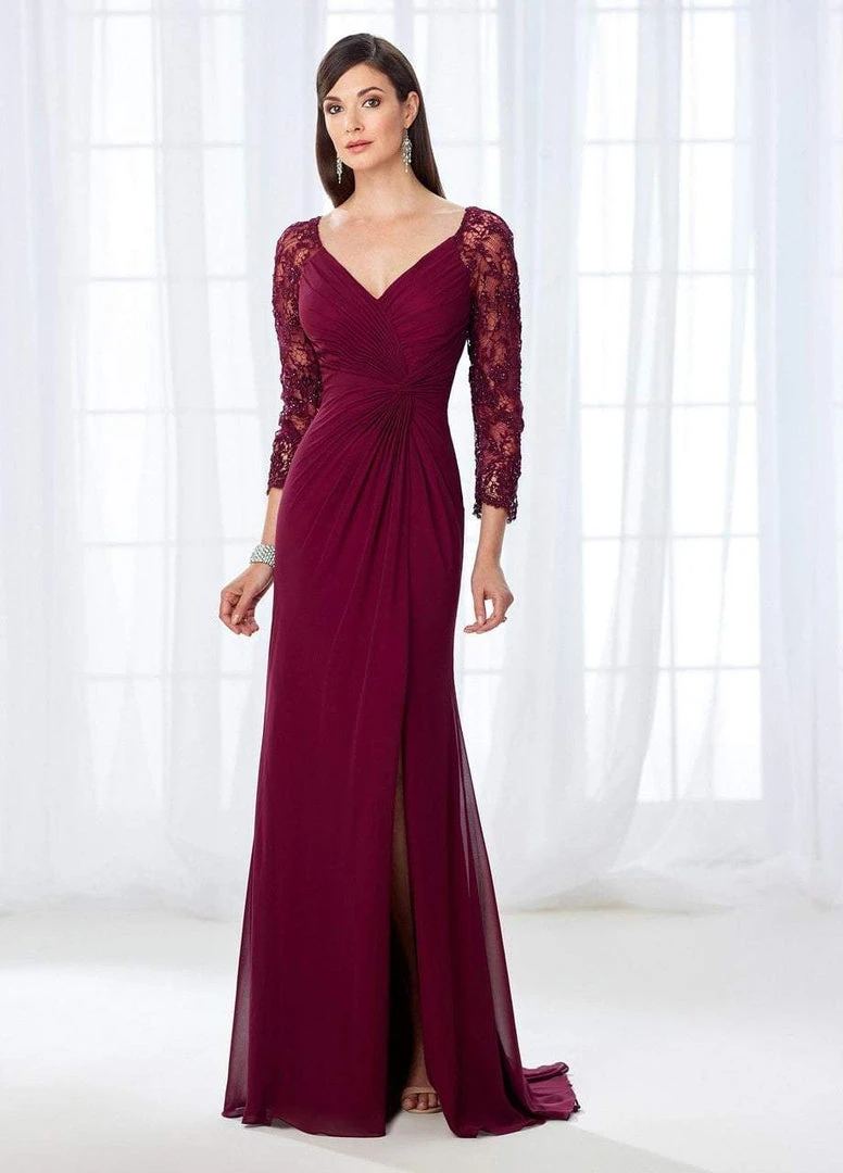 Mon Cheri Quarter Sleeve Front Twist Chiffon Evening Gown 118672 - 2 Pcs Burgundy In Sizes 10 And 20 Available 3 Mon Cheri Quarter Sleeve Front Twist Chiffon Evening Gown 118672 - 2 Pcs Burgundy In Sizes 10 And 20 Available