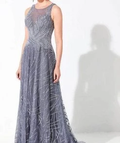 Formal Gowns Mon Cheri - Scoop Beaded Evening Dress 220D37 - 1 Pc Slate In Size 12 Available