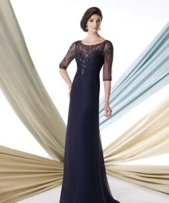 Mon Cheri - Sheer Bateau Neck Sheath Gown 213967 - 2 Pcs Smoke Gray In Sizes 4 And 18 Available Formal Gowns